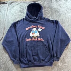 Vintage Y2K Graphic Hoodie Mens L Blue How Many Licks Tootsie Pop Owl Commercial